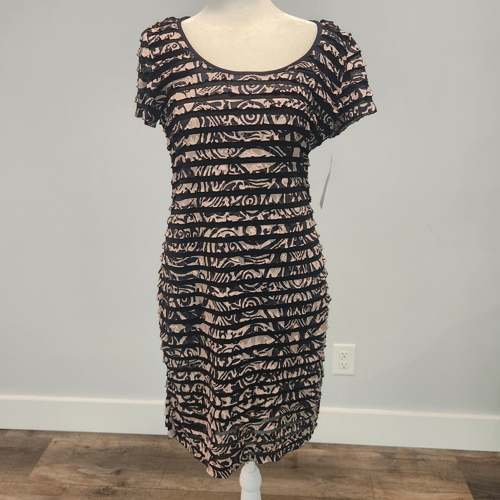 Ronni Nicole Sheath Dress Women 14 Taupe Black NEW Tiered Ruffle Abstract